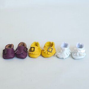 ADORABLE Baby Doll Moccasin Lot x 3 Pairs Yellow White Purple Doll Slippers Shoe
